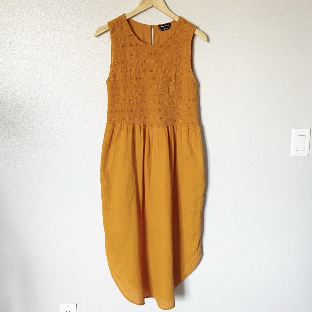 Prana Seakissed Dress Smocked Bodice Pockets Organic Cotton Copper Woman's Large - Picture 3 of 7